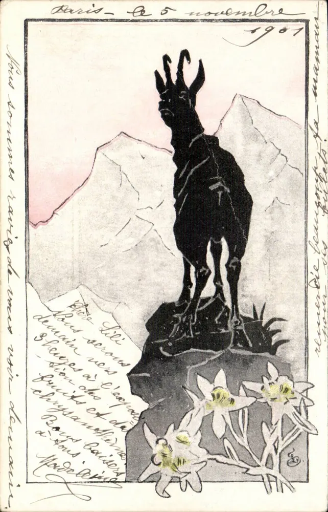 Chamois dans les Alpes — silhouette noire sur rocher avec fleurs — Libr. F. Rouge, édit. Lausanne - Awers