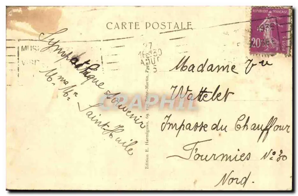Parijs — Plein van het Kasteel — Theater Sarah-Bernhardt, Zegel van de Victorieën, Notre-Dame en Stadhuis — Uitgave E. Harmignies, n°170 - Achterkant