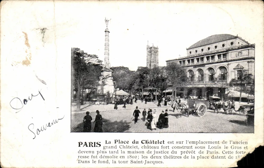 Paris — Place du Châtelet avec colonne et théâtres — éditeur imprimeur non visible - Frente