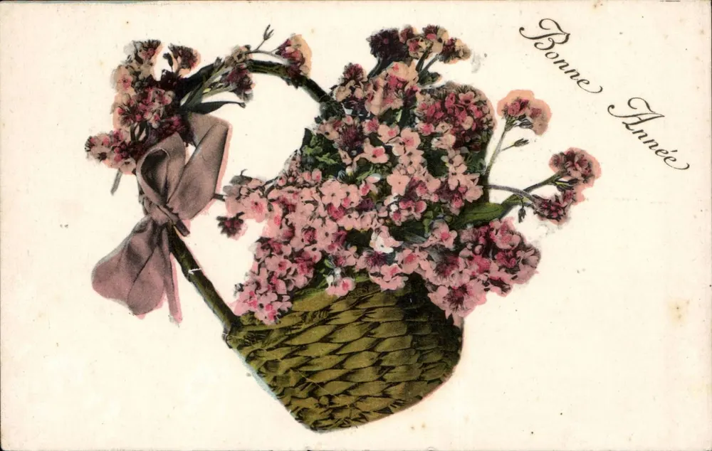 Blumenstrauß in einem Korb — Frohe Neujahr — Französische Herstellung M.L. Paris, Serie Nr. 702-D - Vorderseite