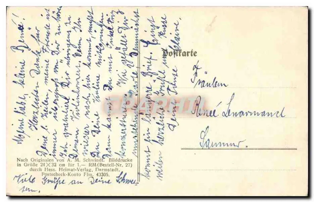 Mulher sentada perto de um berço — texto em alemão — editor Hess. Heimat-Verlag, Darmstadt - Verso