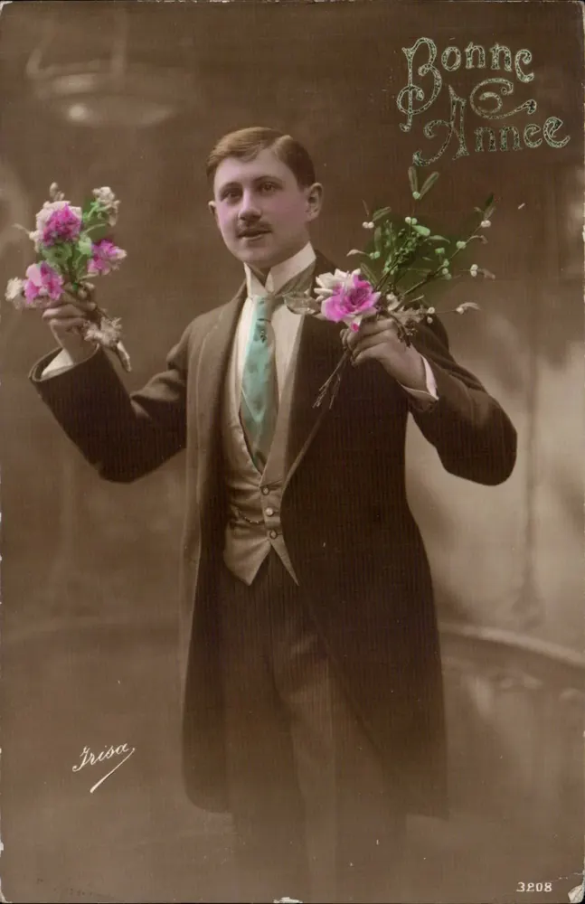 Mann im Anzug — hält zwei Blumensträuße — Irise, Nr. 3208 - Vorderseite