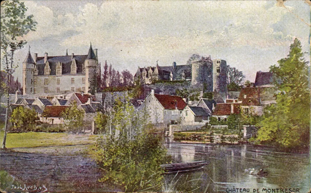Castelo de Montrésor — vista pitoresca com aldeia e rio — Taul Rochas - Frente