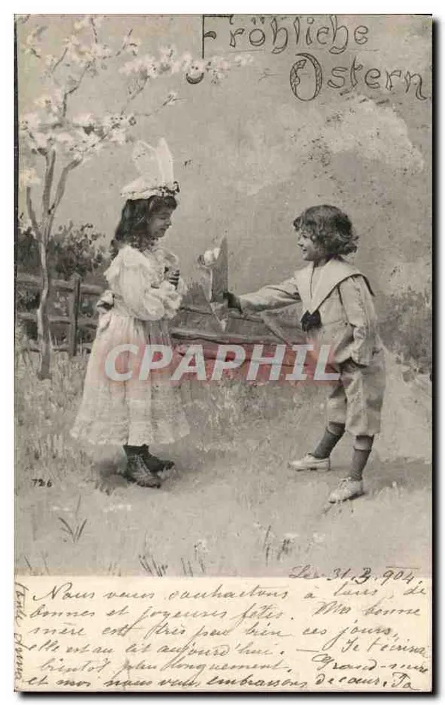 Zwei Kinder spielen draußen — Fröhliche Ostern — anonymer Verleger, n° 726 - Vorderseite