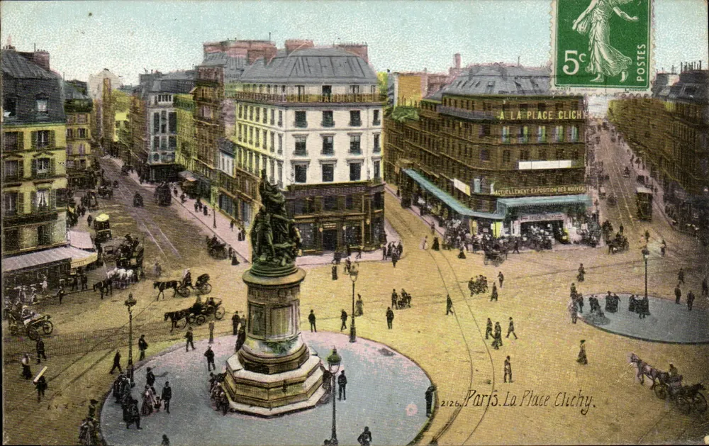 Paris, A Place Clichy — vista da praça com monumento central — editor desconhecido, n° 2126 - Frente