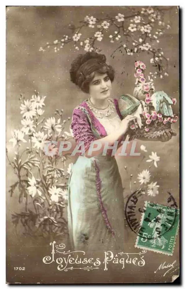 Femme tenant un panier de fleurs — scène de Pâques — éditeur Masch, n° 1702 - Vorderseite