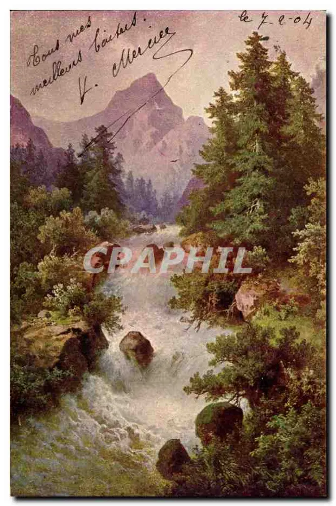 Berglandschap met waterval — V. Mercier — uitgever niet zichtbaar - Voorkant