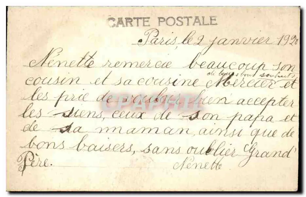 Büschel Violetter in einem Korb — Frohes Neues Jahr — Paris, 1920 - Rückseite