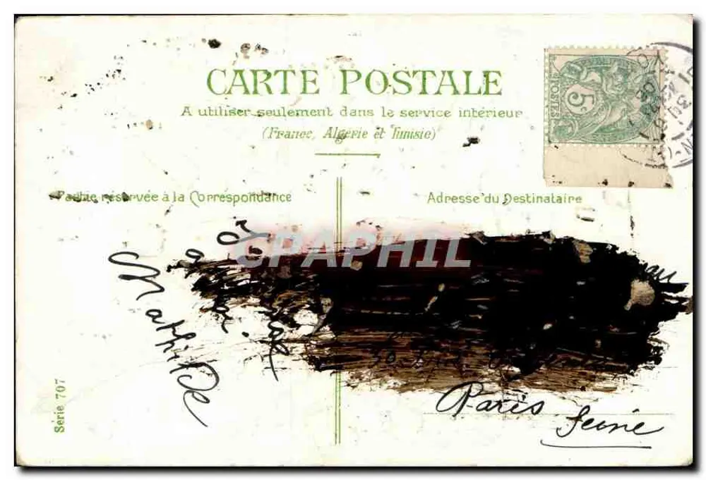 Büschel von Mädesüß in einem Korb — Verlag 'Serie 707' — gedruckter Text 'Sa distance nous sépare / Le cœur nous unit' - Rückseite