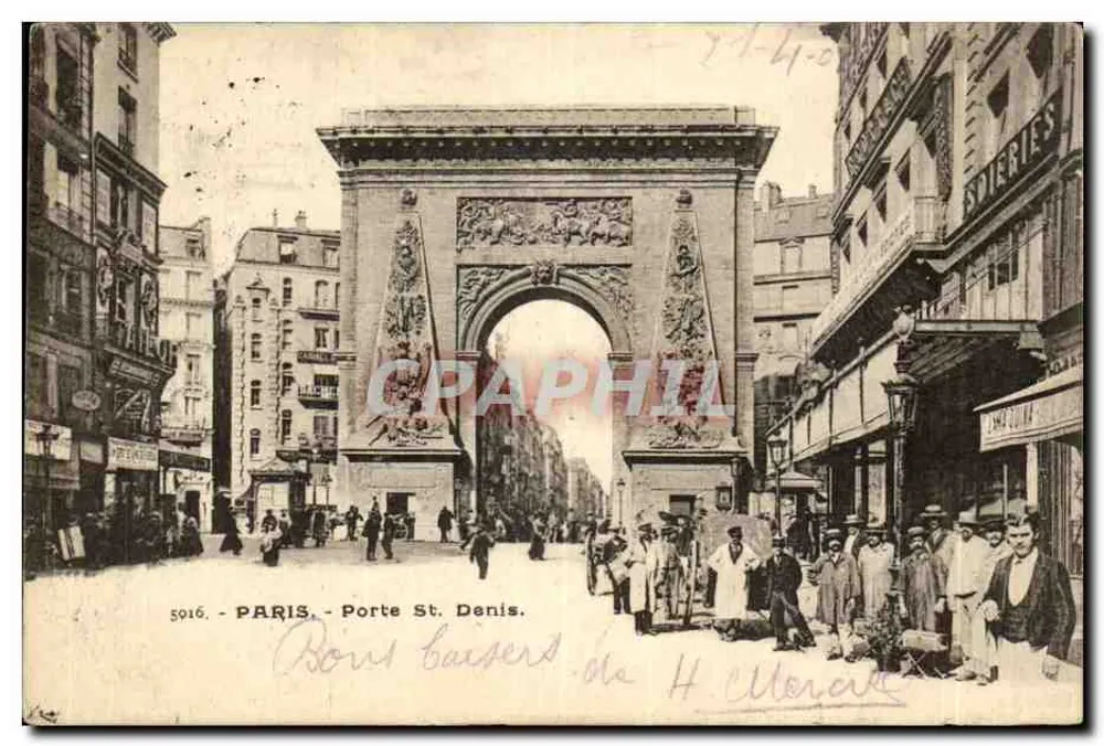 Paris - Porta Saint-Denis — vista urbana com arcos e pedestres — editor anônimo, n° 5916 - Frente