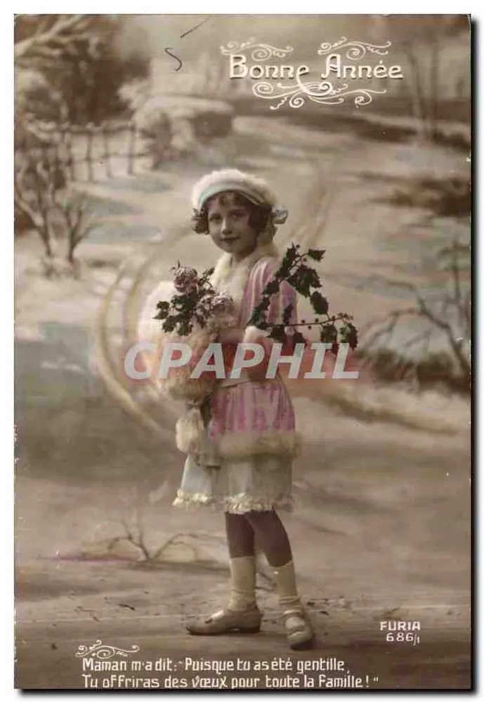 Mädchen in rosa Kleid und Pelzhut — Frohe Weihnachten — Furia 686 - Vorderseite