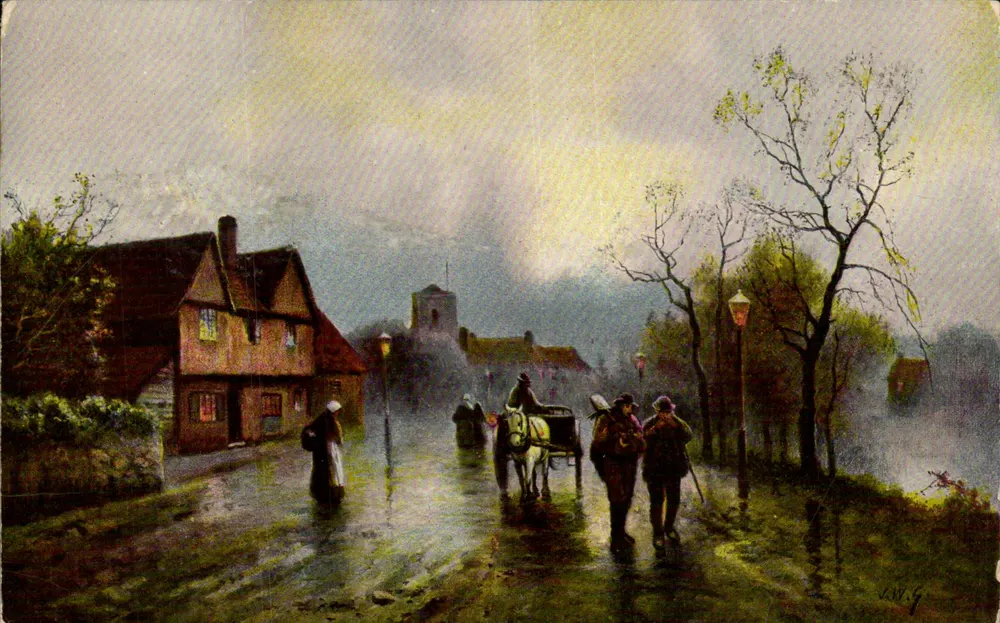 Vila sob a chuva — cena de rua com carrinho e pedestres — Arno Artichrom, série 4025 - Frente