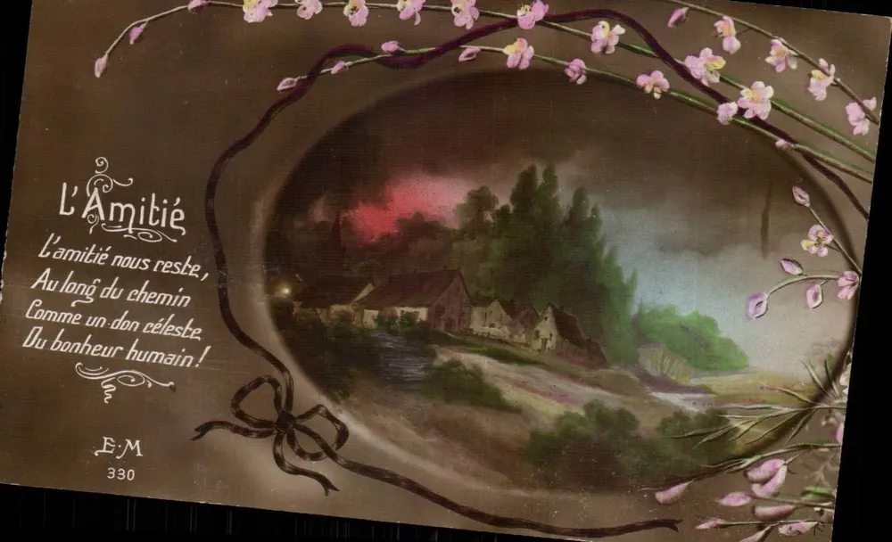 De Vriendschap — De vriendschap blijft bij ons, Langs de weg Als een gaven van de hemel. Van menselijke geluk ! — E.M. 330 - Voorkant
