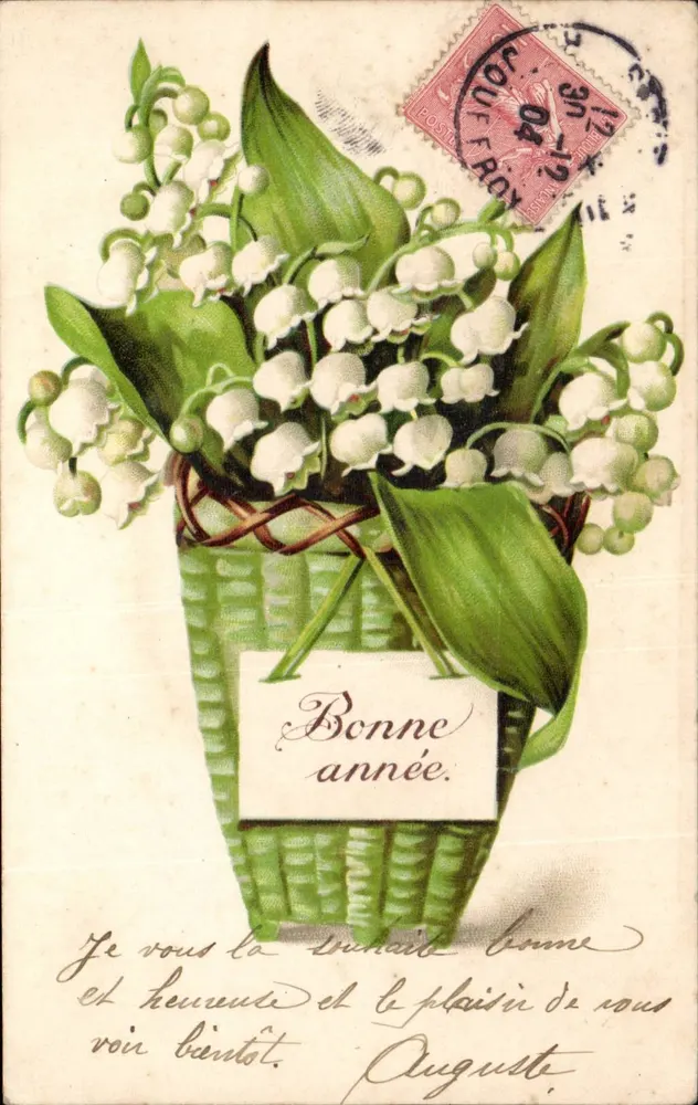 Arranjo de flores de muguet — Boa Ano — Carta postal do Hotel dos Ingleses em Beaulieu - Frente