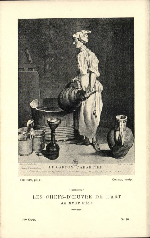 Der Cabaret-Junge — Werk von Chardin, gestochen von Cochin — Serie 10, Nr. 109, 'Die Meisterwerke der Kunst im 18. Jahrhundert' - Vorderseite