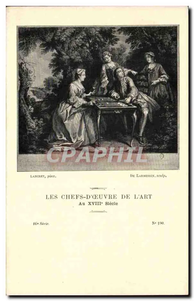 Spiel im Wald — Meisterwerke der Kunst, 18. Jahrhundert — LANCERET, Federzeichnung, DE LARMESIN, Skulptur — 16. Serie, Nr. 190 - Vorderseite