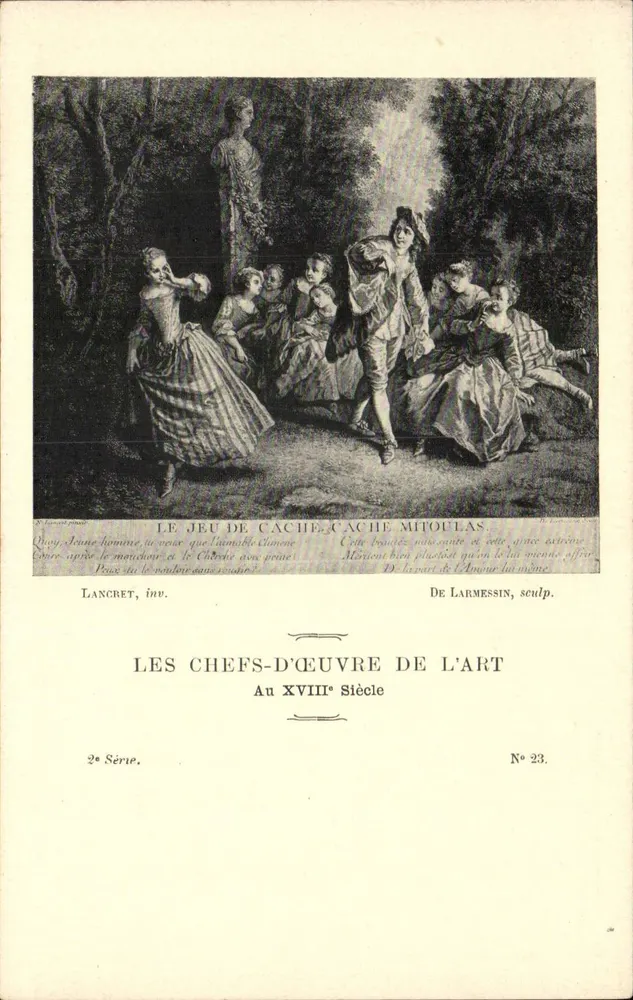 Das Spiel Verstecken Mitoulas — Die Meisterwerke der Kunst, 2. Serie, Nr. 23 — Lancret, inv. / De Larmessin, sculp. - Vorderseite
