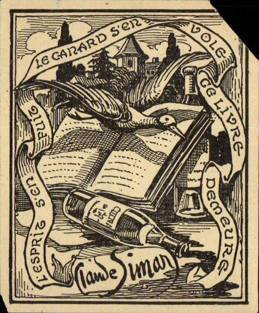 Der Ente ist dieses Buch gestohlen — Illustration mit Ente, geöffnetem Buch, Flasche und Glocke — Verlag: L'Esprit s'en vole - Vorderseite