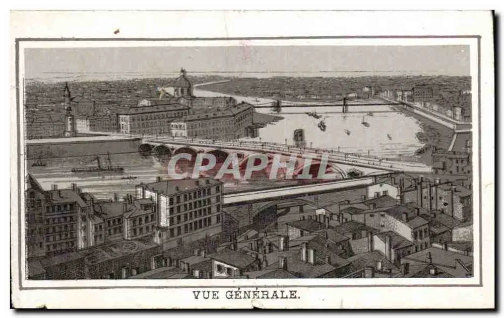 Vue générale — vue aérienne de la ville avec pont et fleuve — éditeur non identifié - Frente