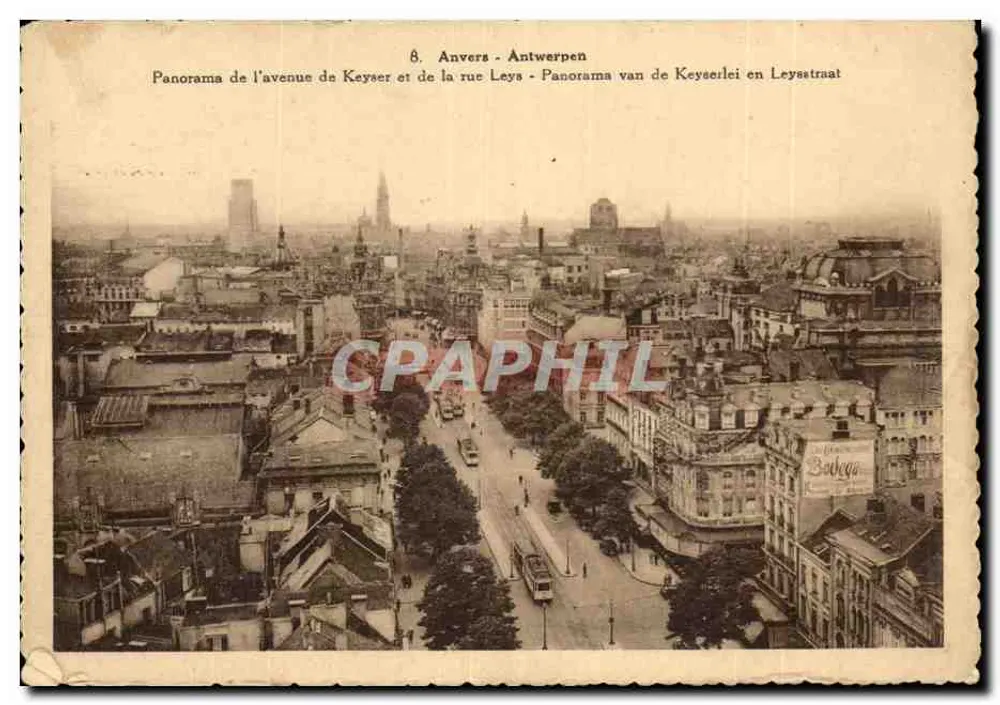 Antwerpen — Panorama der Keyser Avenue und der Leys Street — Verlag R. Van Loo, Nr. 8 - Vorderseite