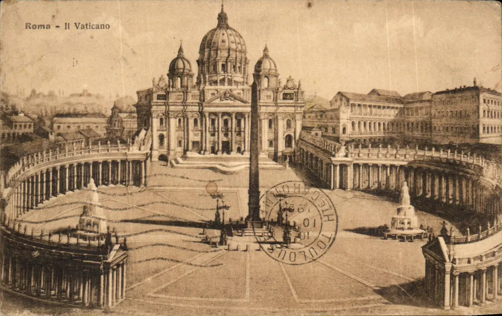 Roma - O Vaticano — vista da praça São Pedro com o domo e o obelisco — editor desconhecido - Frente