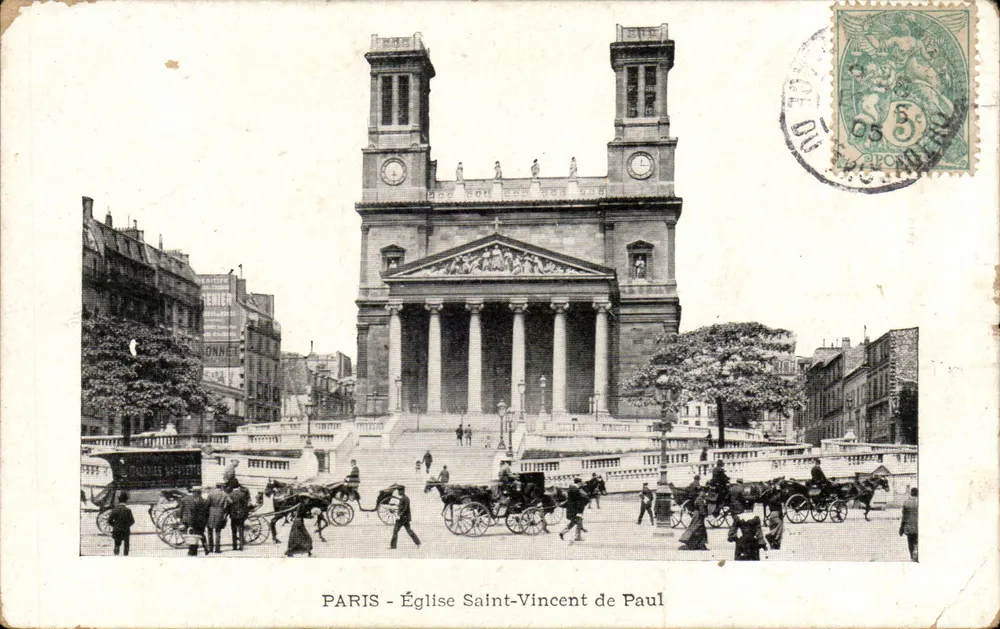 PARIS - Igreja de São Vicente de Paulo — vista da praça com carruagens e pedestres — editor não visível - Frente