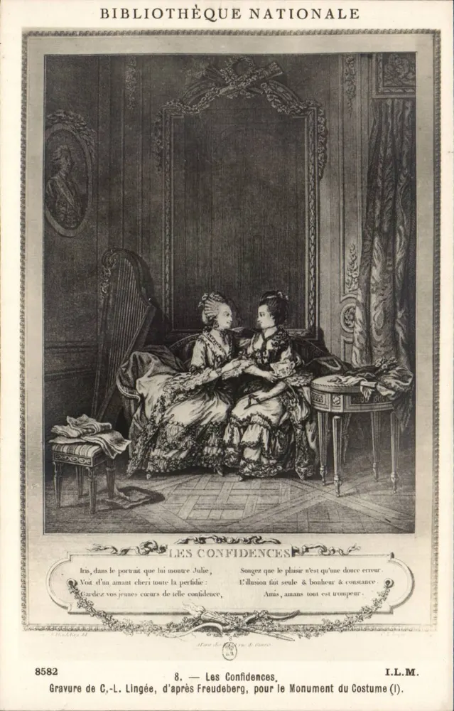 Vertraulichkeiten — Kupferstich von C.-L. Lingée, nach Freudeberg, für das Denkmal des Kleidungsstils — Nationalbibliothek - Vorderseite