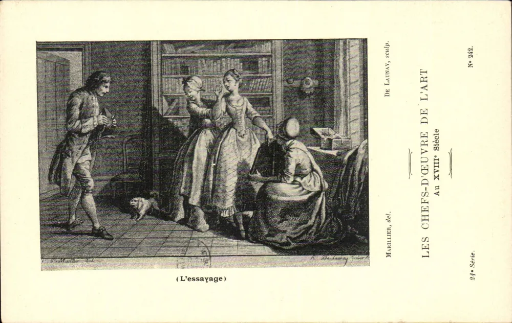 Das Anprobieren — Meisterwerke der Kunst im 18. Jahrhundert — De Launay, Bildhauer; Marillier, Zeichner — N° 242, 21. Serie - Vorderseite