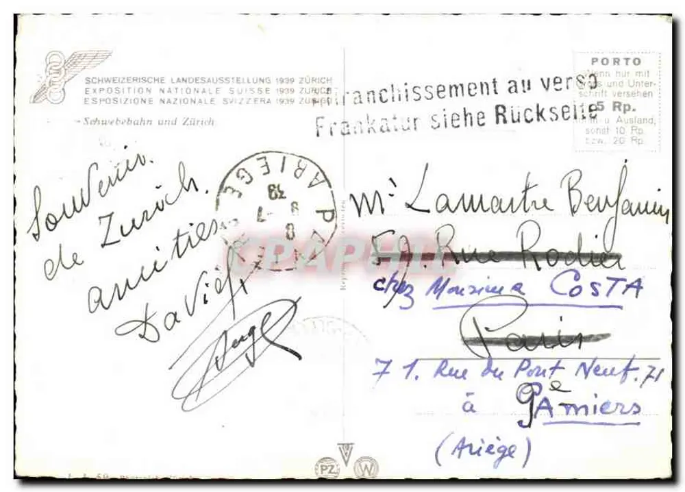 Ansicht des Zürcher Seilbahns — Schweizerische Landesausstellung 1939 — Verlag Schwebebahn und Zürich - Rückseite