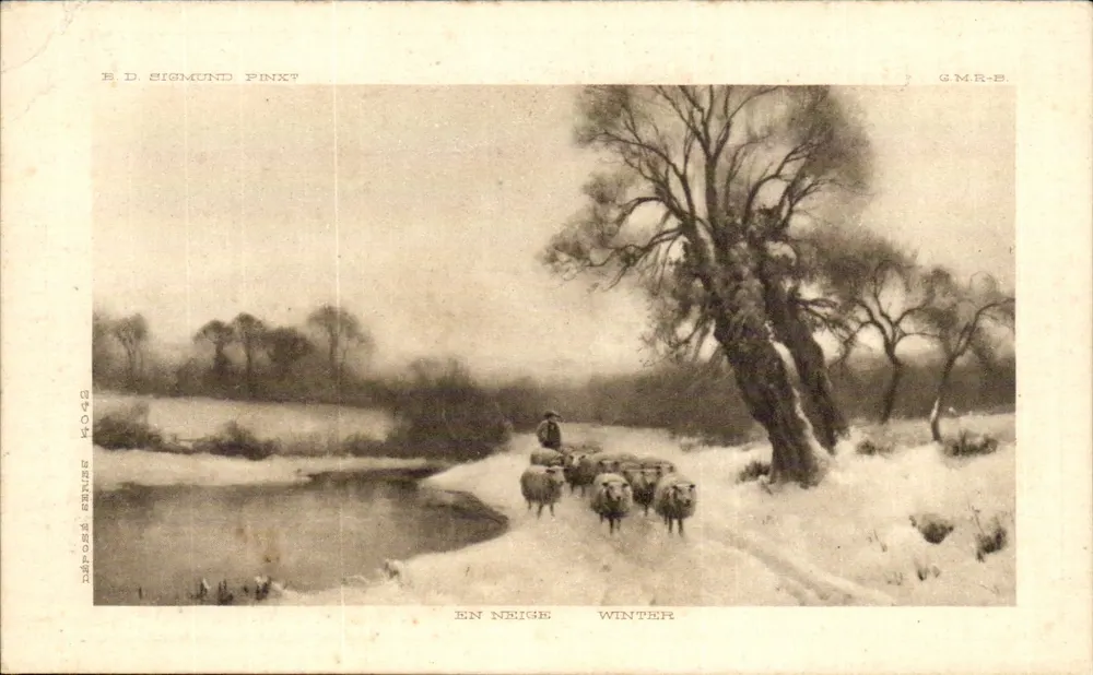 In Schnee Winter — Winterlandschaft mit Schäfer und Schafen — E.D. Sigmund Pinkx, G.M.R.-B. - Vorderseite
