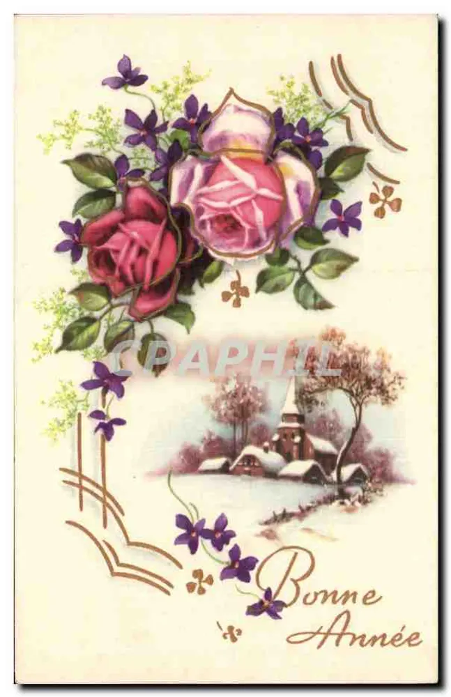 Blumen und schneegedecktes Dorf — Frohe Weihnachten — französische Herstellung - Vorderseite