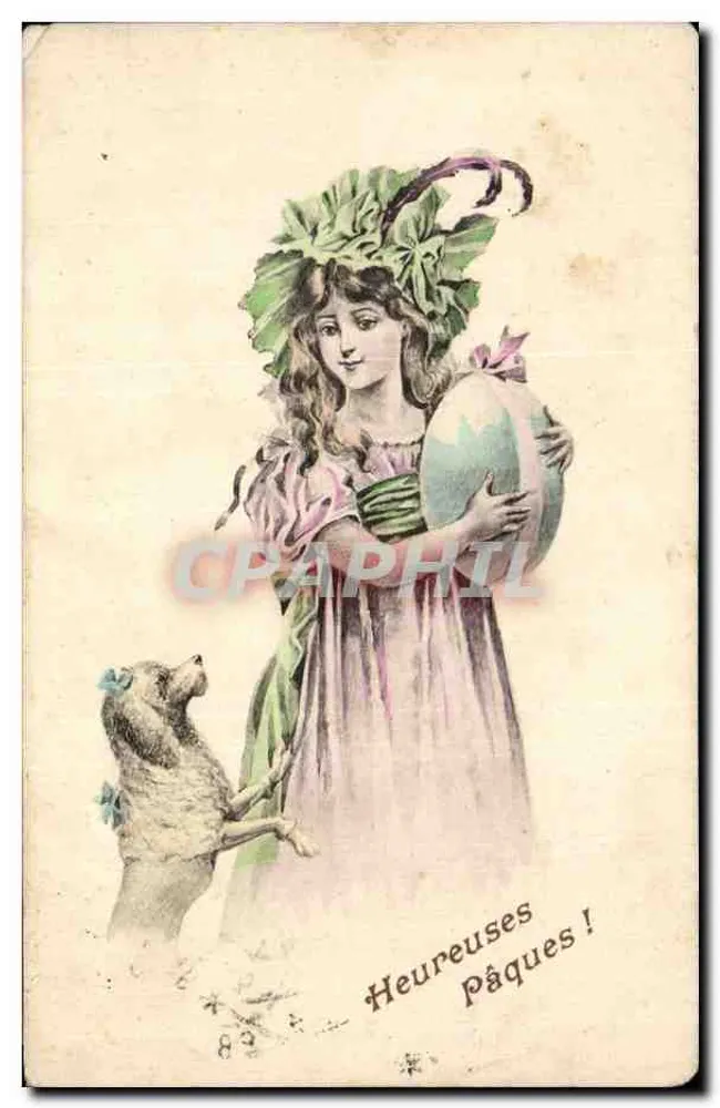 Frau mit Hund, der ein Osterei hält — Frohe Ostern! — G. I. Paris - Vorderseite