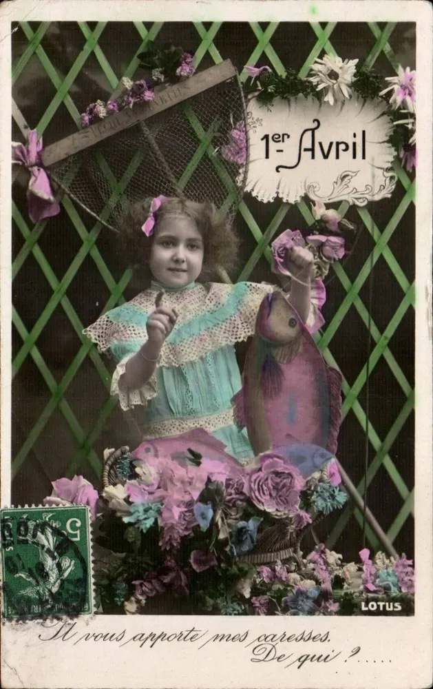Mädchen mit Fisch — 1. April — Verlag LOTUS, Seriennummer nicht sichtbar - Vorderseite