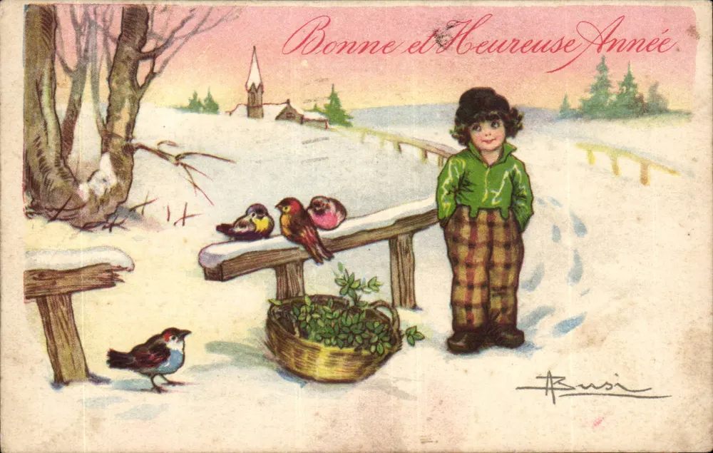 Kind und Vögel in einem Winterlandschaft — Frohe Neujahr — gezeichnet von Busi - Vorderseite