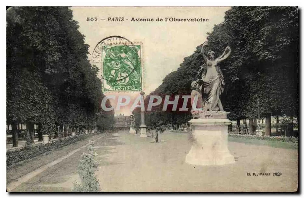 París - Avenue de l'Observatoire — estatua femenina sobre pedestal — B. F., París, n° 507 - Anverso