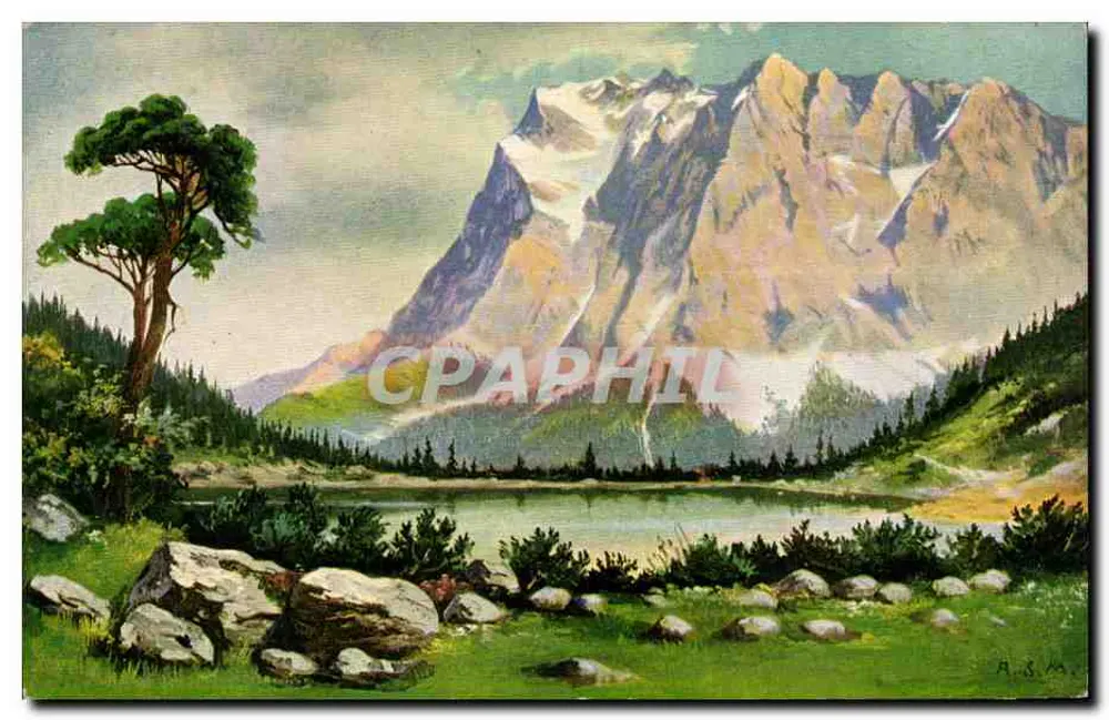 Lago e montanhas nevadas — pintura — A.R.M. (assinado) e editor desconhecido - Frente