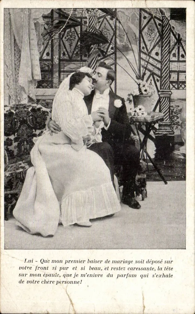 Casamento — cena de casal em traje — Carta postal interior França, Argélia, Tunísia - Frente