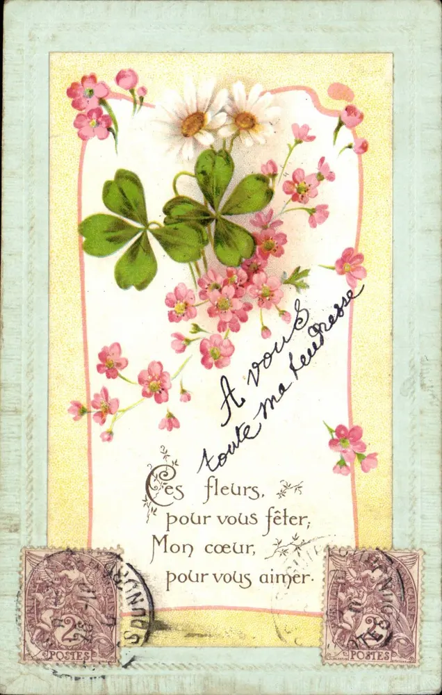 Flores e trevo — Carta postal impressa — Editor P. L. M. n° 5 centavos - Frente