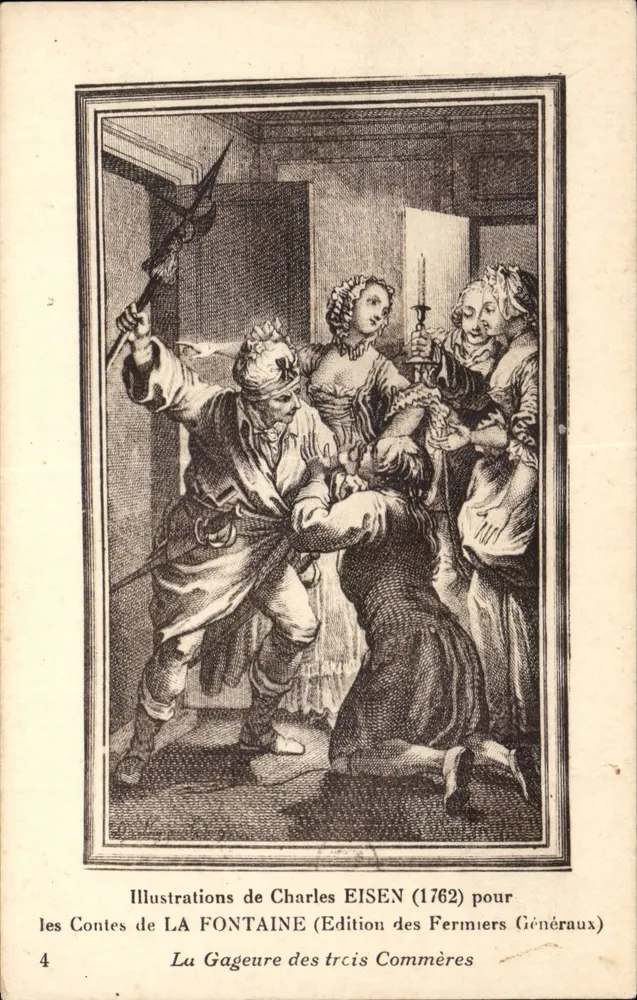 Die Wette — Illustration von Charles Eisen (1762) für die Fabeln von La Fontaine — Ausgabe der Fermiers Généraux - Vorderseite