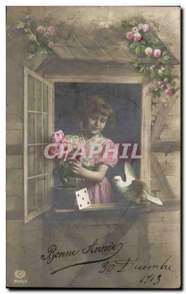 Menina à janela — com pomba e rosa — editor EAS n° 3143/1 - Frente