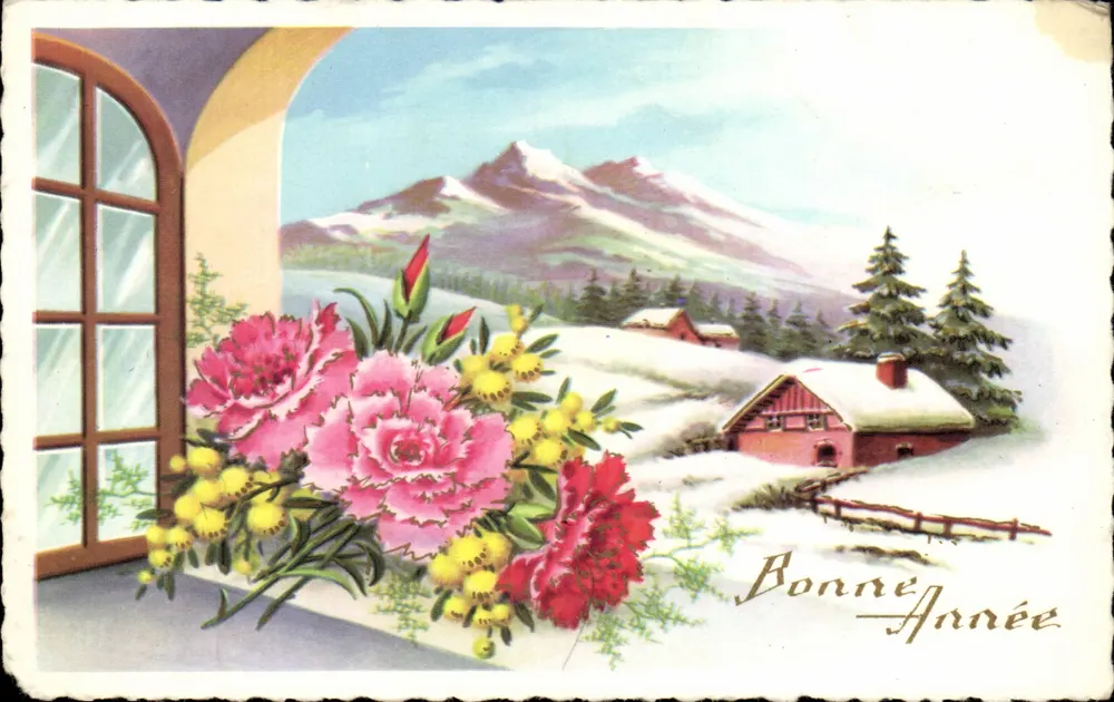 Bloemen en sneeuwbedekte bergen — Goed jaar — gedrukt in Frankrijk - Voorkant