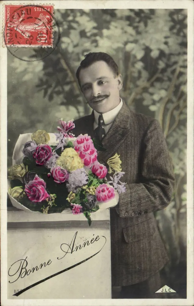 Mann mit Blumenstrauß — Frohe Neujahr — JLC - Vorderseite