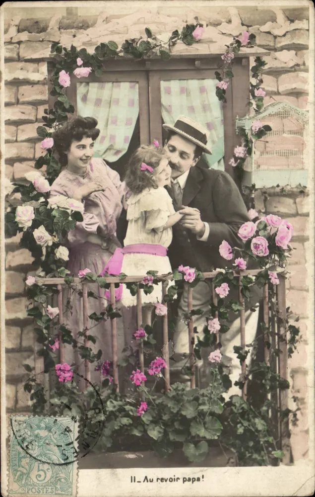 Familie auf blühendem Balkon — 'Au revoir papa!' — Verlag APOSTES, n° II - Vorderseite