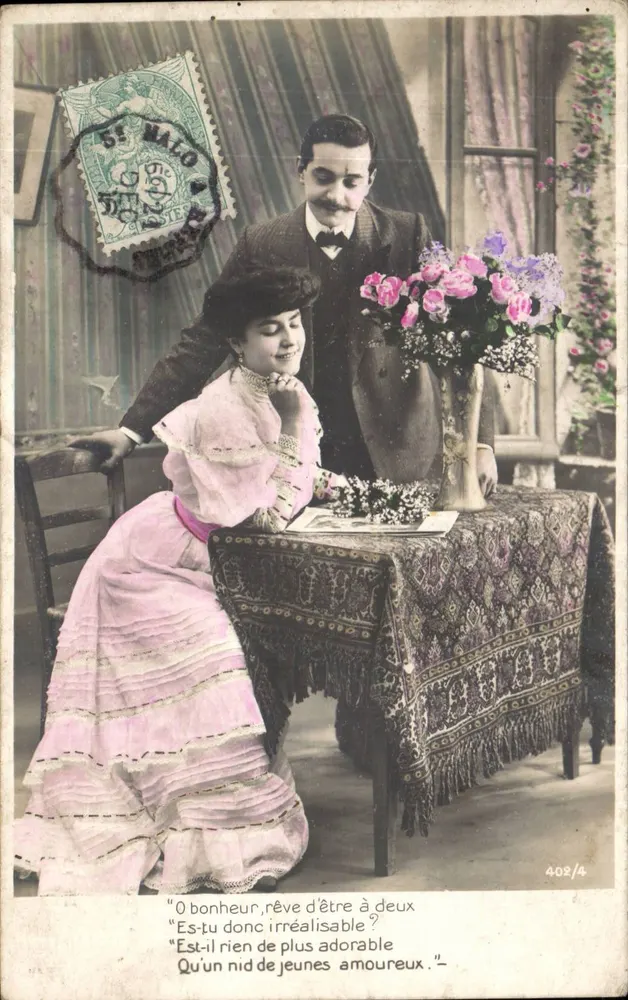 Casal amoroso — cena íntima com flores — editor anônimo, n° 402/4 - Frente