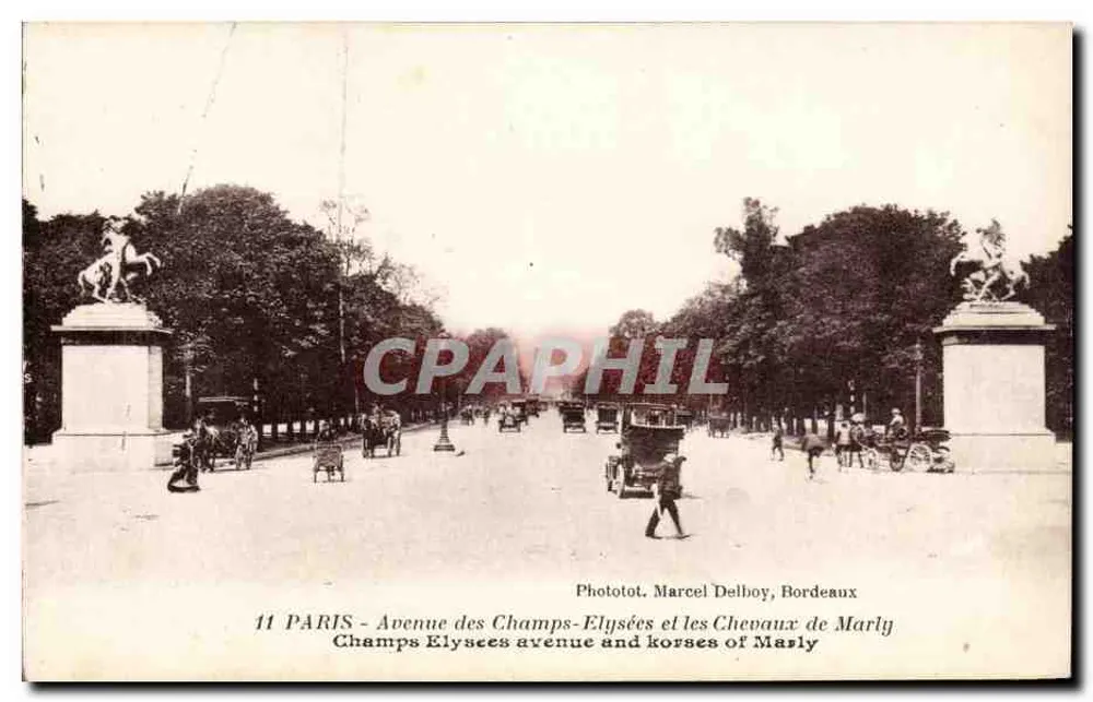 Paris - Avenue des Champs-Élysées und die Chevaux de Marly — Phototot. Marcel Delboy, Bordeaux - Vorderseite