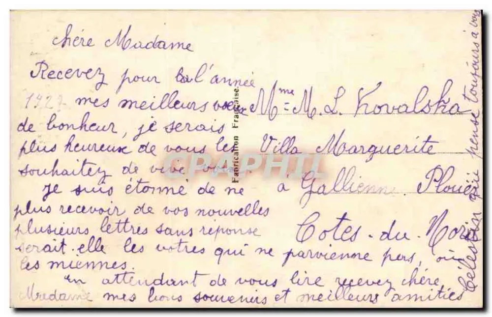 Jovens Amantes — Carta de vœux para o ano — Fabricação Francesa - Verso