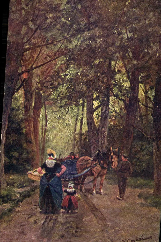 Scena lasowa — kobieta i dziecko z wozem — W. de Haan, seria W. 6 - Awers