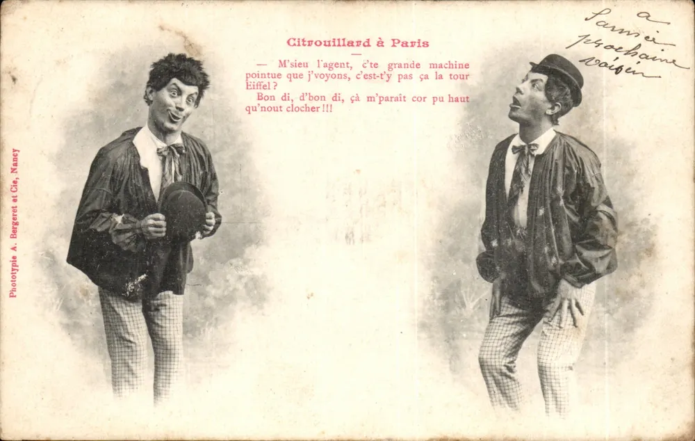 Citrouillard em Paris — Dois homens discutindo sobre a Torre Eiffel — Phototype A. Bergeret et Cie, Nancy - Frente