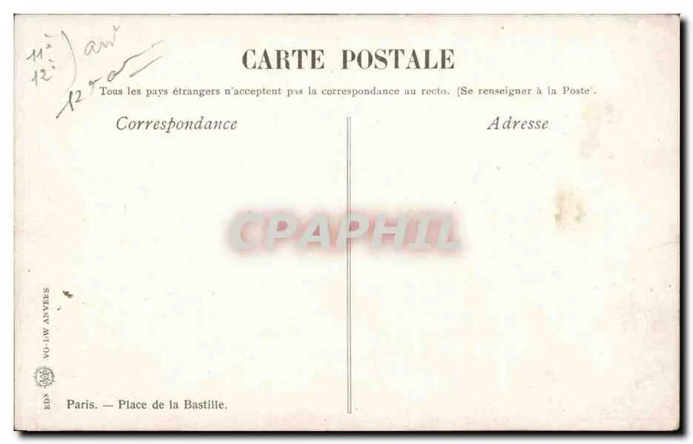 Place de la Bastille — coluna monumental — editor VG-LW Anvers - Verso
