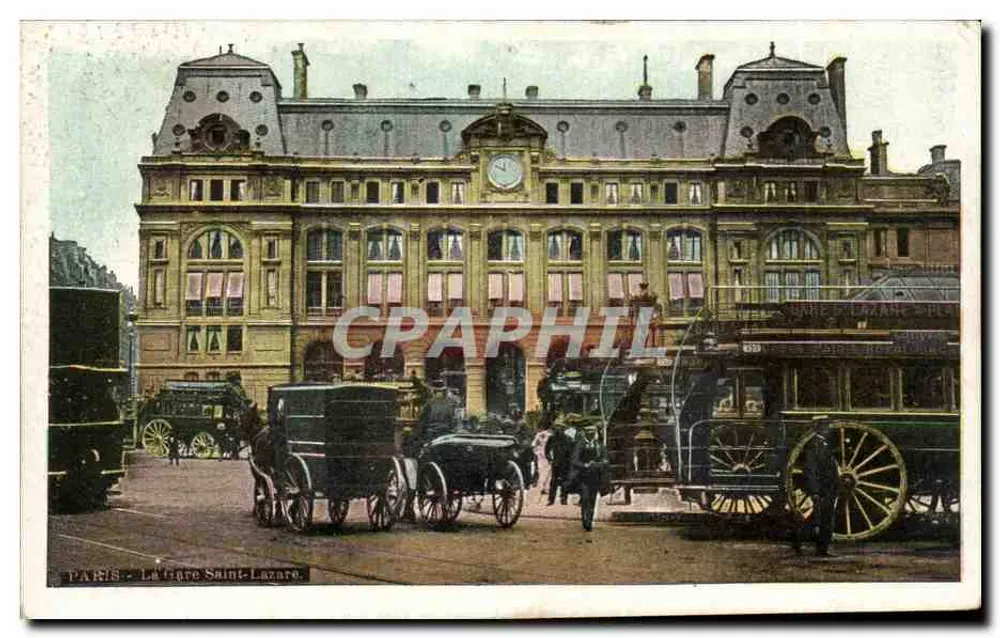 Paris - The Saint-Lazare Station — view of the building with horse-drawn vehicles, publisher unknown - Front